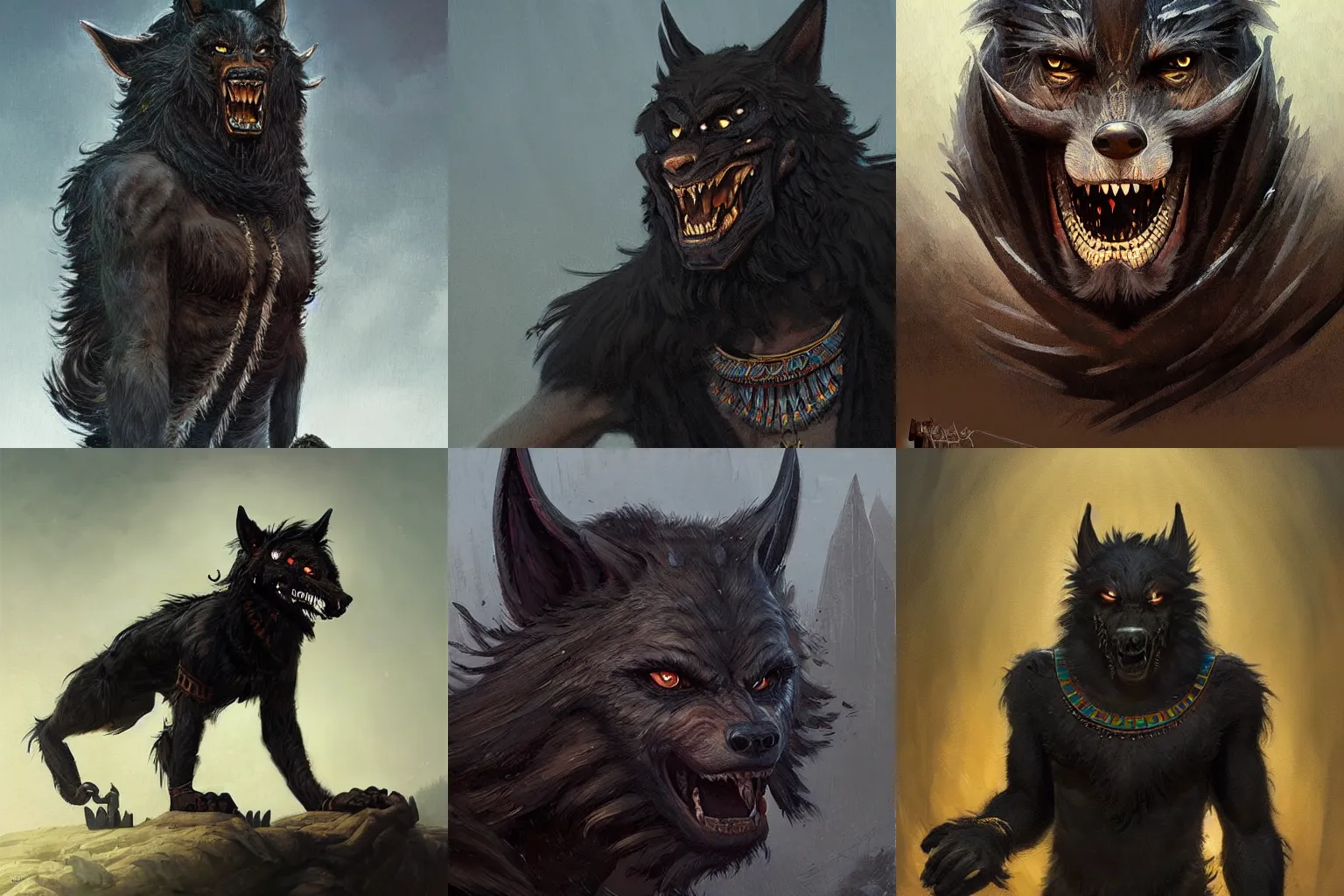 Prompt: intricate painting of a Werewolf with black fur wearing Tribal Egyptian Clothes, featured in artstation, trending, concept art by Greg Rutkowski, WLOP, Dan Mumford, Christophe Vacher