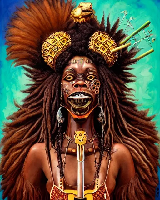 Prompt: lion headed voodoo priestess with steampunk guitar and dank spliff. smug boss face. wild eyes. noble bearing. award winning ornate symmetry matte portrait, artgerm, rhads watercolor, fierce sweet sad and lyrical