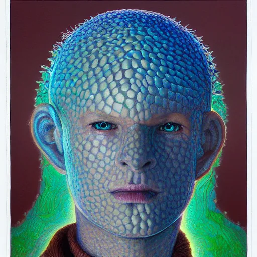 Image similar to fungus labyrinth mohawk scales projector portrait by gaston bussierre and charles vess and james jean and erik jones and rhads, inspired by rick and morty, epic, funny, huge scale, beautiful fine face features, intricate high details, sharp, ultradetailed