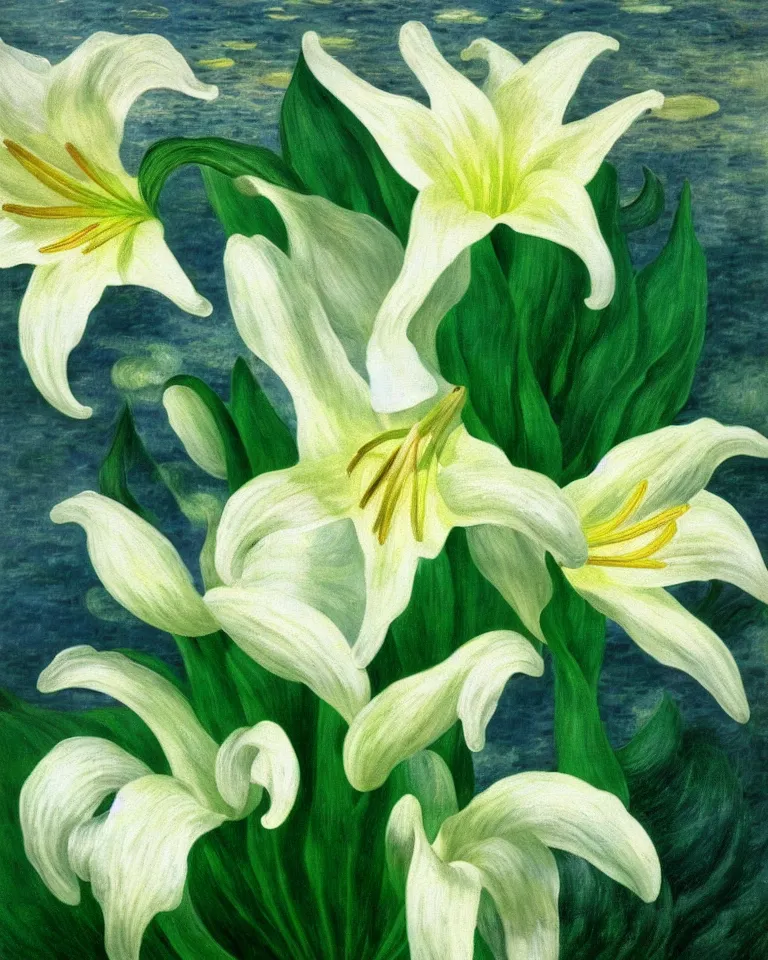 Image similar to achingly beautiful painting of one white lily on green background rene magritte, monet, and turner. piranesi. macro lens.