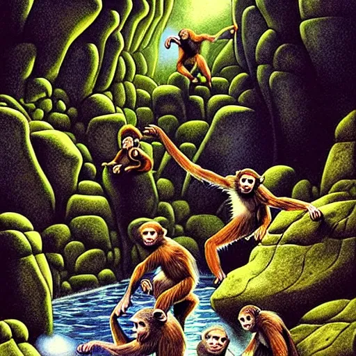 Image similar to Fantasy illustration by Clyde Caldwell - The monkeys chirrup loudly, a cacophonous din reverberating throughout the cavern. They leap into the air and land on the rocks, chittering and screeching to one another. One of them grabs a rock and hurls it into the pool. It splashes loudly, but the monkeys do not recoil. You see tattered strings of rope and cloth tied around their necks, to which they have affixed baskets that they carry beside them.