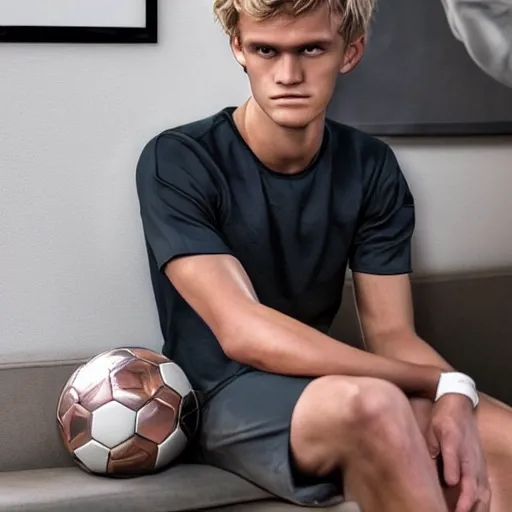 Image similar to a realistic detailed photo of a guy who is an attractive humanoid who is half robot and half humanoid, who is a male android, soccer player martin ødegaard, shiny skin, posing like a statue, blank stare, in a living room, on display, showing off his muscles, gold soccer shorts