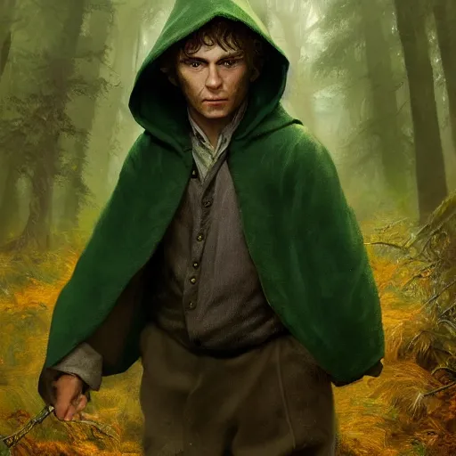 Image similar to a portrait of a handsome hobbit rogue wearing a dark green hood and a cloak in the forest, wearing adventure gear, ultra realistic, detailed, masterpiece, short hair cut, buzz cut hair, clean shaven, by Greg Rutkowski, trending on ArtStation