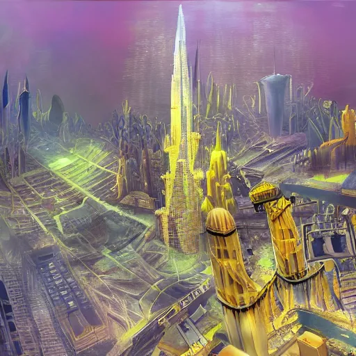 Prompt: A underwater city with a underwater ship being launched from the tallest building in the city. Behind the city a massive creature with it's yellow eyes shining light onto the city, low quality, hyper detailed.