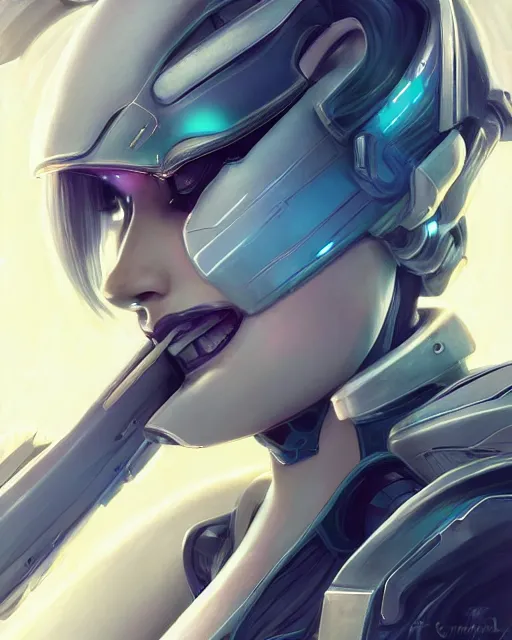 Image similar to beautiful android girl on a mothership, warframe armor, pretty face, scifi, futuristic, galaxy, raytracing, dreamy, perfect, digital painting, long white hair, blue cyborg eyes, sharp focus, intricate, highly detailed, artstation, intricate, innocent, art by gauthier leblanc, kazuya takahashi, huifeng huang