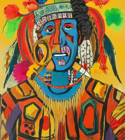 Prompt: Painting of a shaman dressed in a colorful traditional clothes. He is smoking a pipe. From the pipe there is a whole universe escaping and filing the sky