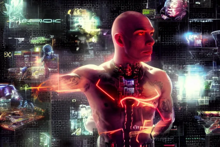 Prompt: cyborg - pitbull, surrounded by screens, in the future, y 2 k cybercore, industrial low - light photography, still from a ridley scott movie