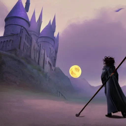 Prompt: Harry potter riding a broomstick, back view, cinematic shot, movie still, nighttime, motion lines, photorealistic, intense scene, visually coherent, symmetry, rule of thirds, movement, vivid colors, crescent moon, Tooth Wu, Asher Duran, Greg Rutkowski, Minor Blur, 8k