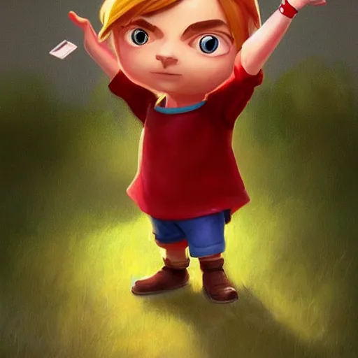 Image similar to little boy character inspired in little hood red and link from legend of zelda, digital artwork made by lois van barlee and rhads