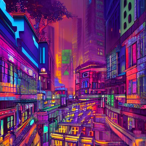Prompt: a nighttime cityscape with a sky of of geometric kaleidoscopic colors trending on artstation 4 k intricate digital art
