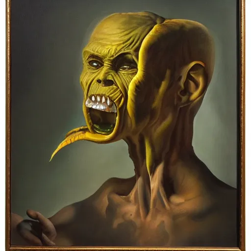 Image similar to oil painting by christian rex van minnen of a portrait of an extremely bizarre disturbing mutated man with intense chiaroscuro lighting perfect composition