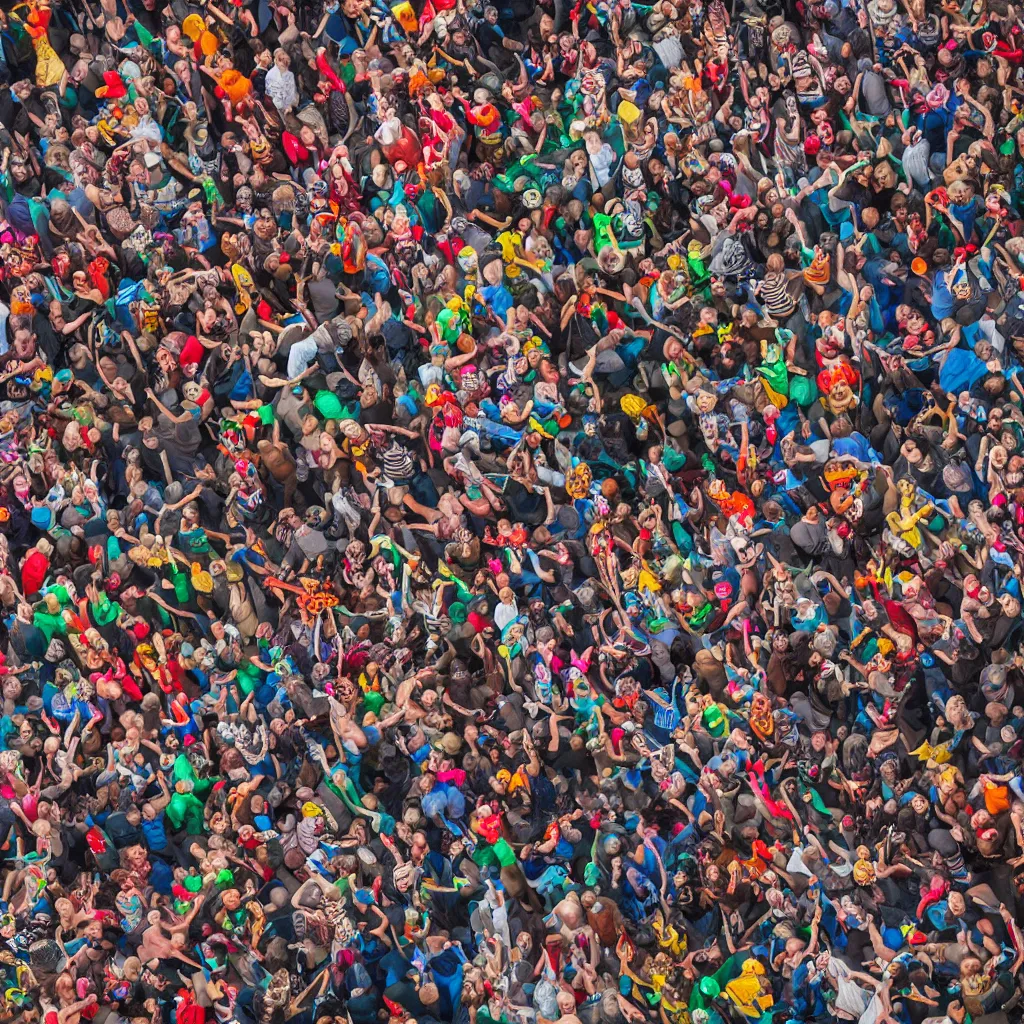 Image similar to moshpit from above with a lot of clowns, very detailed