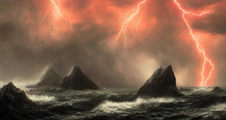 Image similar to black lovecraftian eldritch!! obsidian pyramid!! on a snowy island surrounded by raging stormy seas by eugene von guerard, ivan shishkin, night, red lightning!!, storm!, dramatic lighting, concept art, trending on artstation, 8 k