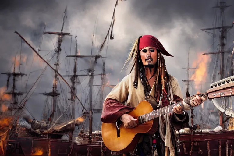 Image similar to jack sparrow playing a 2 neck guiter on a ship while the british fire cannons in the background, cinematic, dramatic, still, photograph, digital art, dynamic lighting, highly detailed, sharp focus