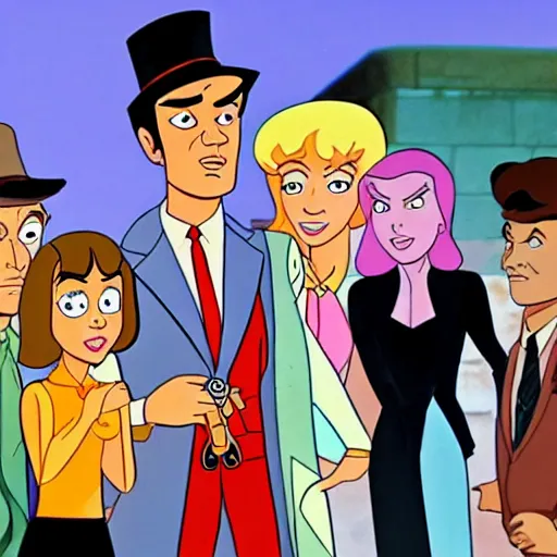 Prompt: Hannah barbara style animation cell of Scooby-Doo gang meets detective columbo 1972