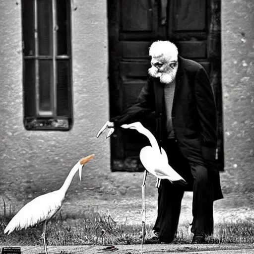 Image similar to an old man arguing with a stork, the stork is winning, stork is shouting at the old man, award-winning photograph, national geographic, trending on Facebook