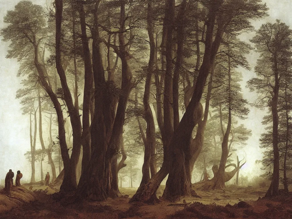 Prompt: People from the tribes stuck in the mud near a giant fallen sequoia tree. Fog. Painting by Caspar David Friedrich,Caravaggio