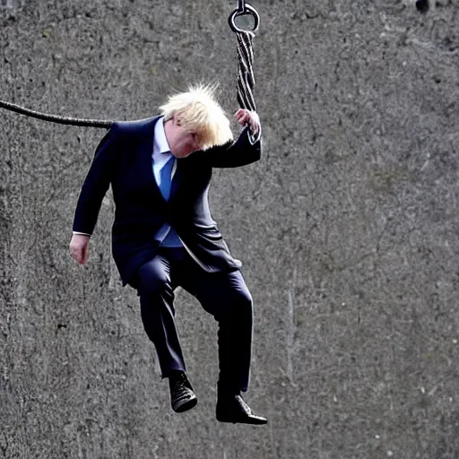 Image similar to Boris Johnson dangling from a rope from the sky