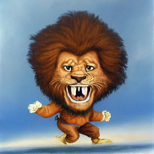 Prompt: bob ross screaming chasing after lion