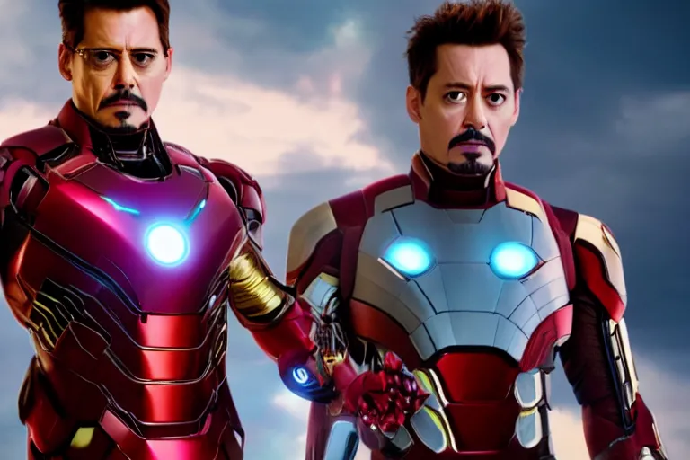 Image similar to film still of Johnny Depp as Tony Stark in new avengers movie, 4k