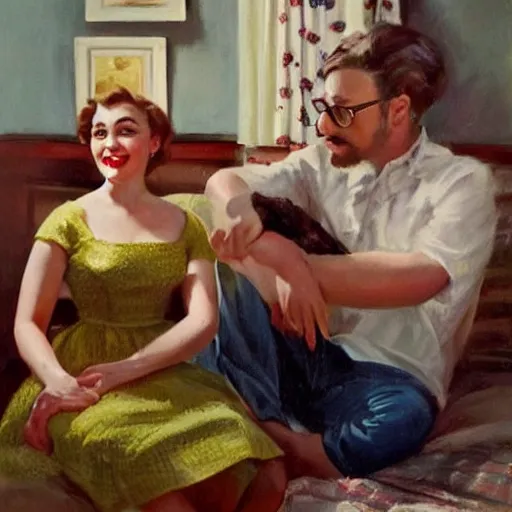 Prompt: 1 9 5 0 s americana, domestic scene with sam hyde and lena dunham, family, romantic, inviting, cozy, painting vladimir volegov