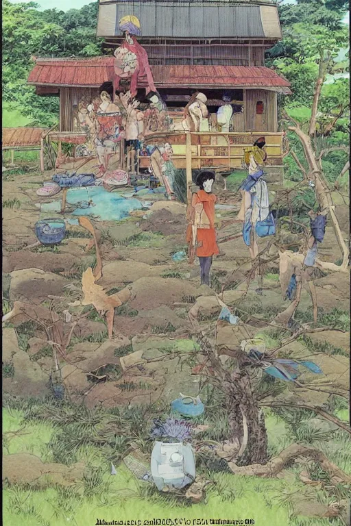 Image similar to beautiful anime illustration of a rural philippines home, by moebius, masamune shirow and katsuhiro otomo