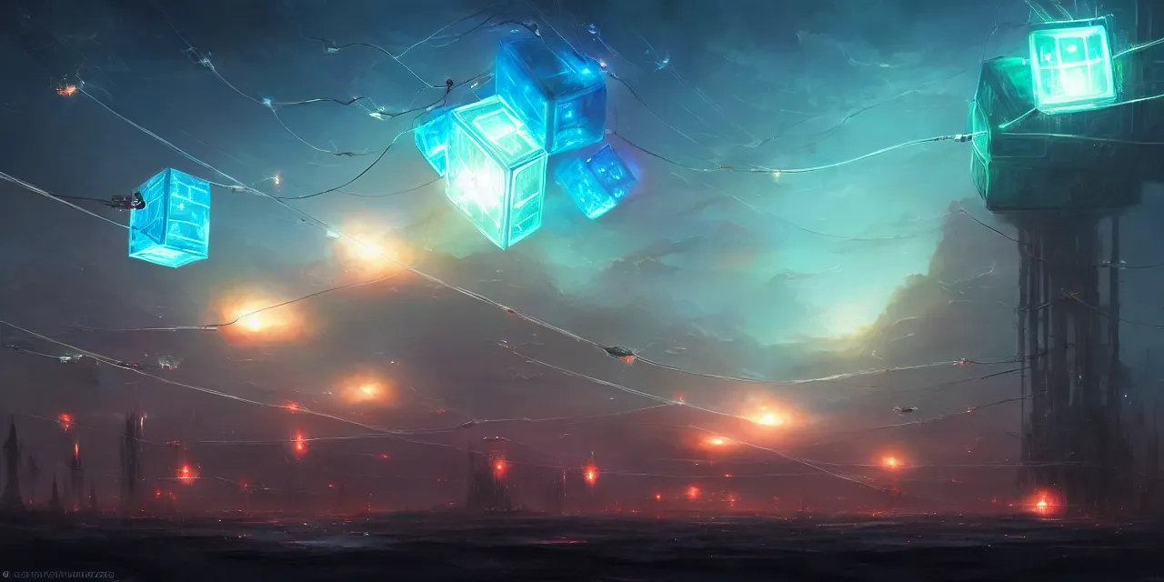 Image similar to a fleet of giant glowing futuristic cubes tied to each other with lots of wires in the sky, a fantasy magical landscape seen in the distance, atmospheric lighting, intricate, volumetric lighting, beautiful, sharp focus, ultra detailed, in the art style of marc simonetti, bowater charlie and brom gerald, astrophotography