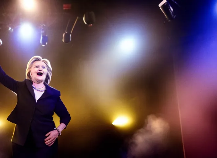 Image similar to publicity photo still of hillary clinton in a death metal band playing live on stage, 8 k, live concert lighting, mid shot