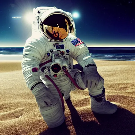 Image similar to an astronaut relaxing on the beach, dramatic lighting, cinematic, extremly high detail, photorealistic, cinematic lighting, nasa footage