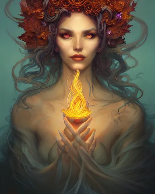 Prompt: draconic autumn priestess portrait, tangled flowery hair, radiant halo of light, liquid smoke twisting, artgerm, peter mohrbacher, artstation