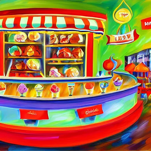 Prompt: a colorful fanciful ice cream parlor counter, by lenoid afremov