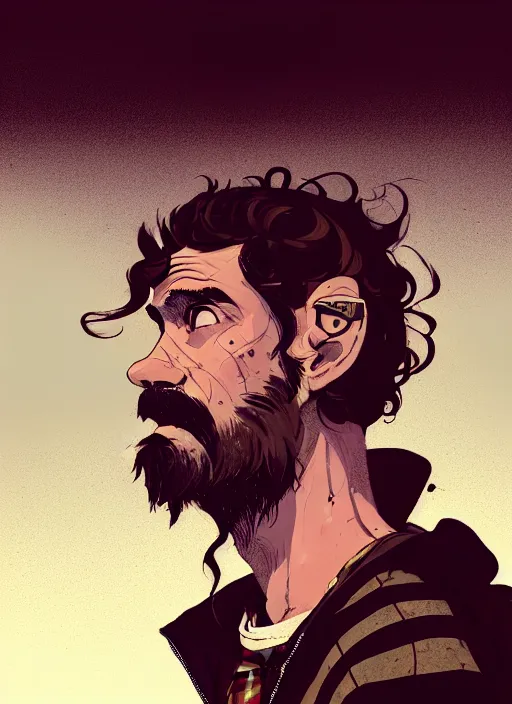 Image similar to highly detailed portrait of a sewer punk guy worker, thirties, black hair, brown eyes, small mustache, tartan hoody, short curly hair by atey ghailan, by greg rutkowski, by greg tocchini, by james gilleard, by joe fenton, by kaethe butcher, gradient pink, brown, light blue and white color scheme,