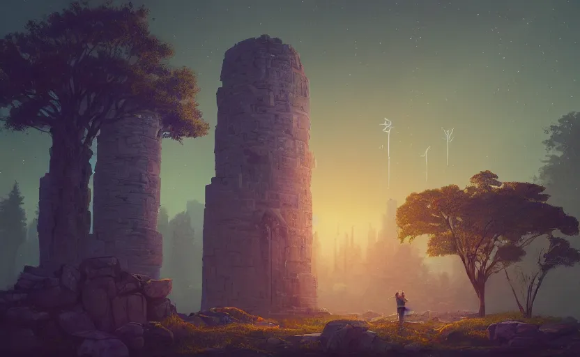 Prompt: A landscape with a giant stone brick tower with pillars on top at sunset, forest, magical portal, cyberpunk, glowing runes, Low level, rendered by Beeple, Makoto Shinkai, syd meade, simon stålenhag, environment concept, synthwave style, digital art, unreal engine, WLOP, trending on artstation, 4K UHD image, octane render,