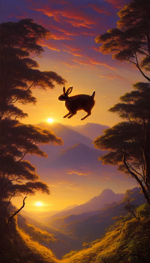 Image similar to hyper realistic rabbit looking off of a cliff, sun setting behind rabbit silhouette, lush forest in valley below, painted by craig mullins, j. c. leyendecker 8 k