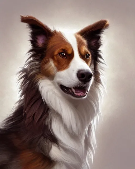 Prompt: nasus from league of legends with stacks as a white and brown border collie dog fantasy character, full body portrait, ultra realistic, intricate, elegant, highly detailed, digital painting, artstation, smooth, sharp, focus, illustration, art by artgerm and greg rutkowski and alphonse mucha