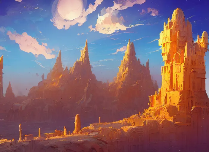 Image similar to cover concept art of the lost sand city, ruins, golden towers, golden pillars, volumetric lighting, official fanart behance hd artstation by Jesper Ejsing, by RHADS, Makoto Shinkai and Lois van baarle, ilya kuvshinov, rossdraws