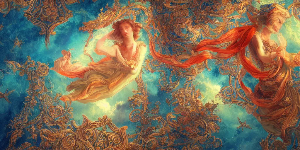 Image similar to ai dreams of god. baroque, deep focus, fantasy, intricate, elegant, highly detailed, digital painting, artstation, sharp focus, illustration. scarlet - green and mustard - indigo and azure - orange and white color scheme.