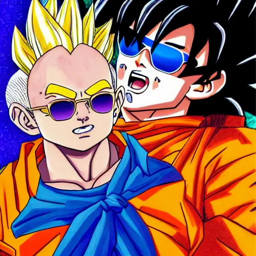 Prompt: portrait of goku from dragon ball wearing shades with michael jackson incredibly detailed, color, smooth, concept art, illustration,