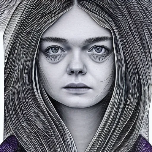 Image similar to professional painting of Elle Fanning in the style of Alex Grey, head and shoulders portrait, symmetrical facial features, smooth, sharp focus, illustration, intricate, stormy weather, extremely detailed masterpiece,