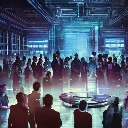 Image similar to large group people in a huge warehouse, looking at hologram of futuristic city on a table | cinematic concept art | godrays | 4 k | clear details | tabletop | tabletop | hologram foreground