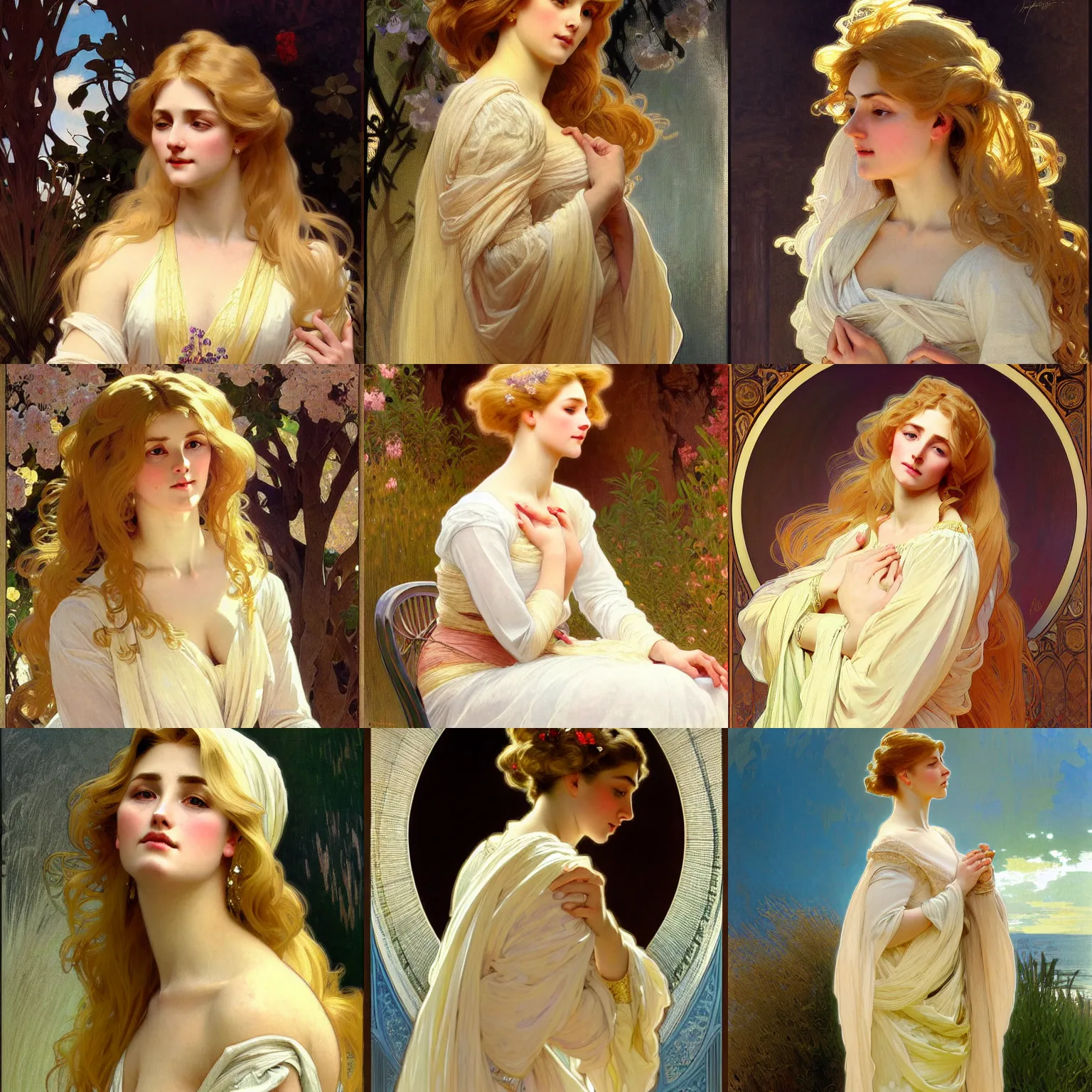 Prompt: painted portrait of a modest wife blessed by god with ever - increasing intelligence beauty and virtue. blonde, voluminous holy body dressed modestly, light effect. feminine, powerful, in clothes! intricate, elegant, highly detailed, digital painting, artstation, concept art, smooth, sharp focus, illustration, art by gaston bussiere and alphonse mucha