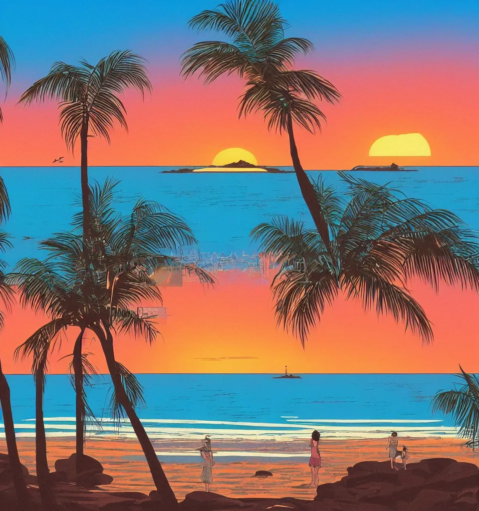 Prompt: gorgeous romantic sunset, cliffside onlooking the beautiful city of surfers paradise in queensland, warm colors, tropical, in the style of hiroshi nagai, very detailed, tropical, 8 0 s