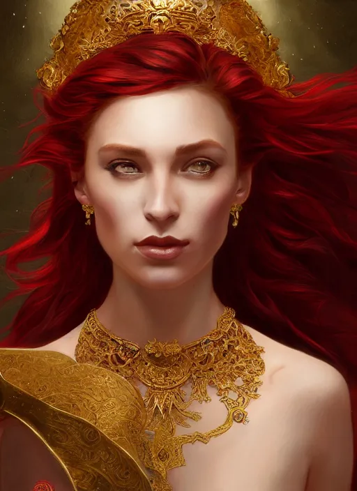 Image similar to !! fullbody!! dynamic movement pose, beautiful woman with red hair, byzantine noble, gold jewellery, dnd, face, fantasy, intricate, elegant, highly detailed, digital painting, artstation, concept art, smooth, sharp focus, illustration, art by artgerm and greg rutkowski and alphonse mucha