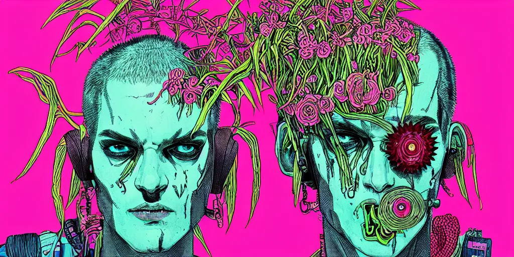 Image similar to risograph grainy drawing cyberpunk antagonist face wearing cyberpunk accessories, bright colors, with huge piercings, face covered with plants and flowers, by moebius and satisho kon and dirk dzimirsky close - up portrait, hyperrealistic