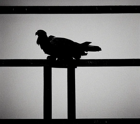 Prompt: Joachim Brohm photo of 'golden eagle perched behind jail bars', high contrast, high exposure photo, monochrome, DLSR, grainy, close up