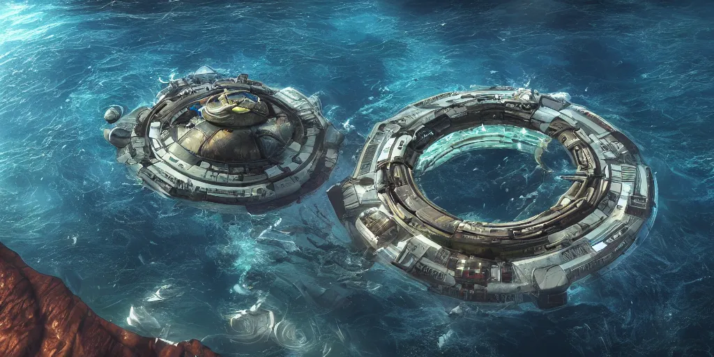 Prompt: circular floating ocean settlement, low angle view, fusion of subnautica and star trek, by noriyoshi ohrai, soft natural volumetric lighting, beautifully detailed 4 k octane render, 4 k post processing