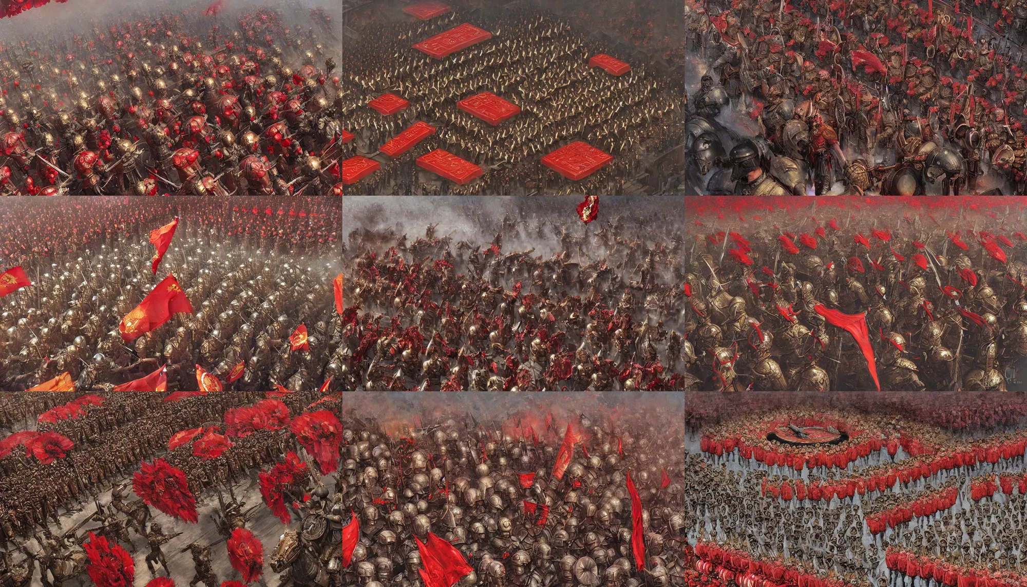 Prompt: A mixed media closeup portrait painting of Roman legions assembled in a military parade formation in the center of the city, isometric aerial view, crimson petals fall on the parade, by Frank Frazetta, Boris Vallejo, Greg Rutkowski, Beeple, Yoko Taro, Christian MacNevin, epic fantasy character art, roman numerals, high fantasy, CGsociety, full length, exquisite detail, post-processing, masterpiece, cinematic, Rome backdrop
