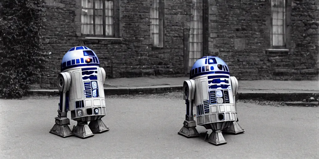 Image similar to vintage photo of a R2D2 on empty streets of 18th century England