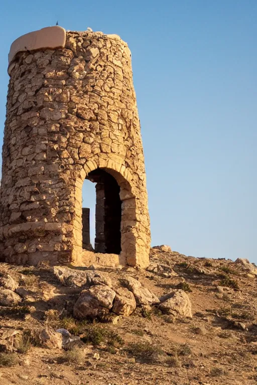 Prompt: an old roman lighthouse in the middle of the desert sitting on a rock