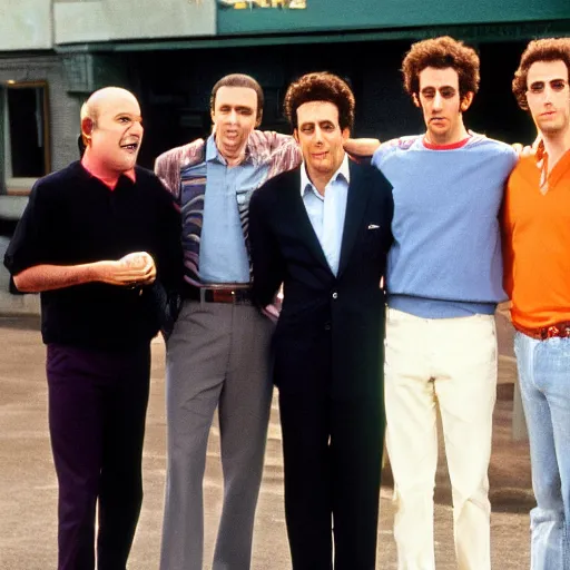 Prompt: thomas middleditch standing with kramer, jerry seinfeld, and george costanza on the set of the tv show seinfeld